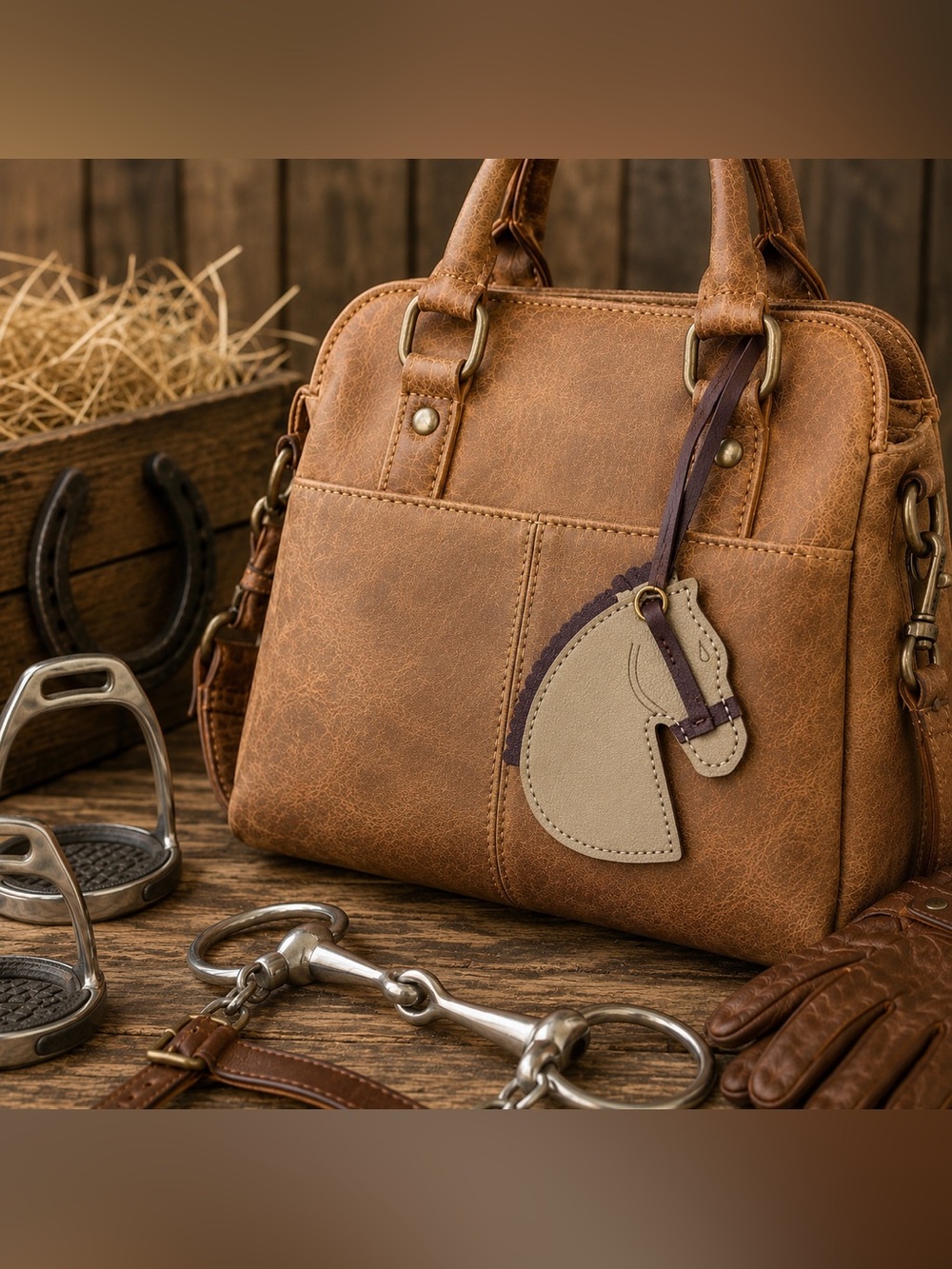 Horse Head Bag Charm Luggage Tag Light Brown Faux Leather
